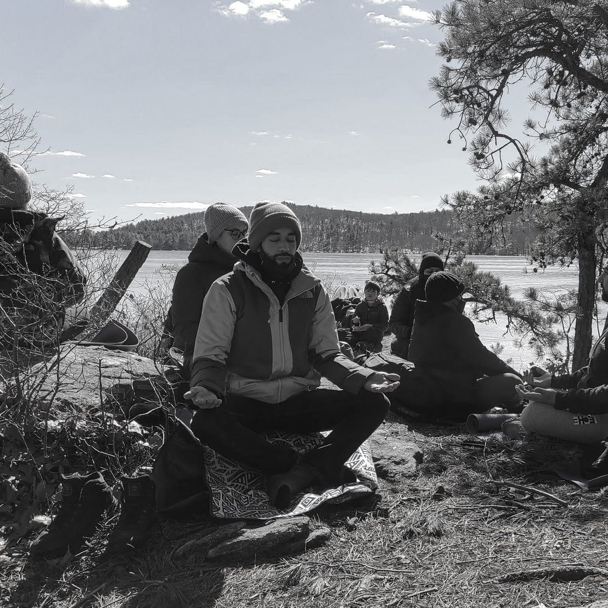 Group meditation session in the forest