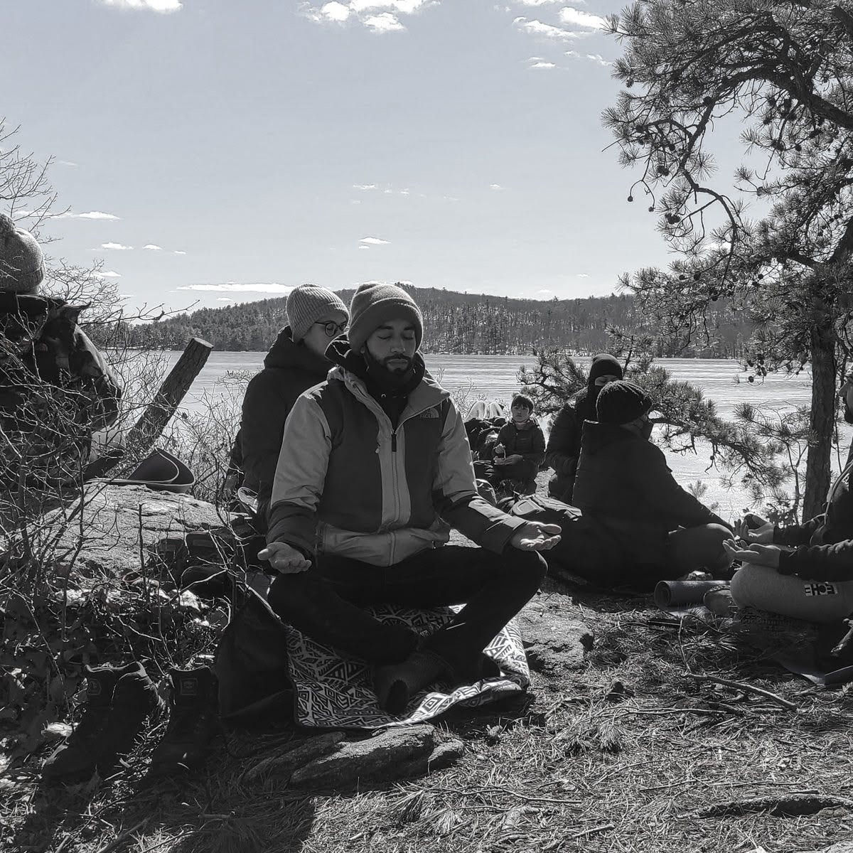 Group meditation session in the forest